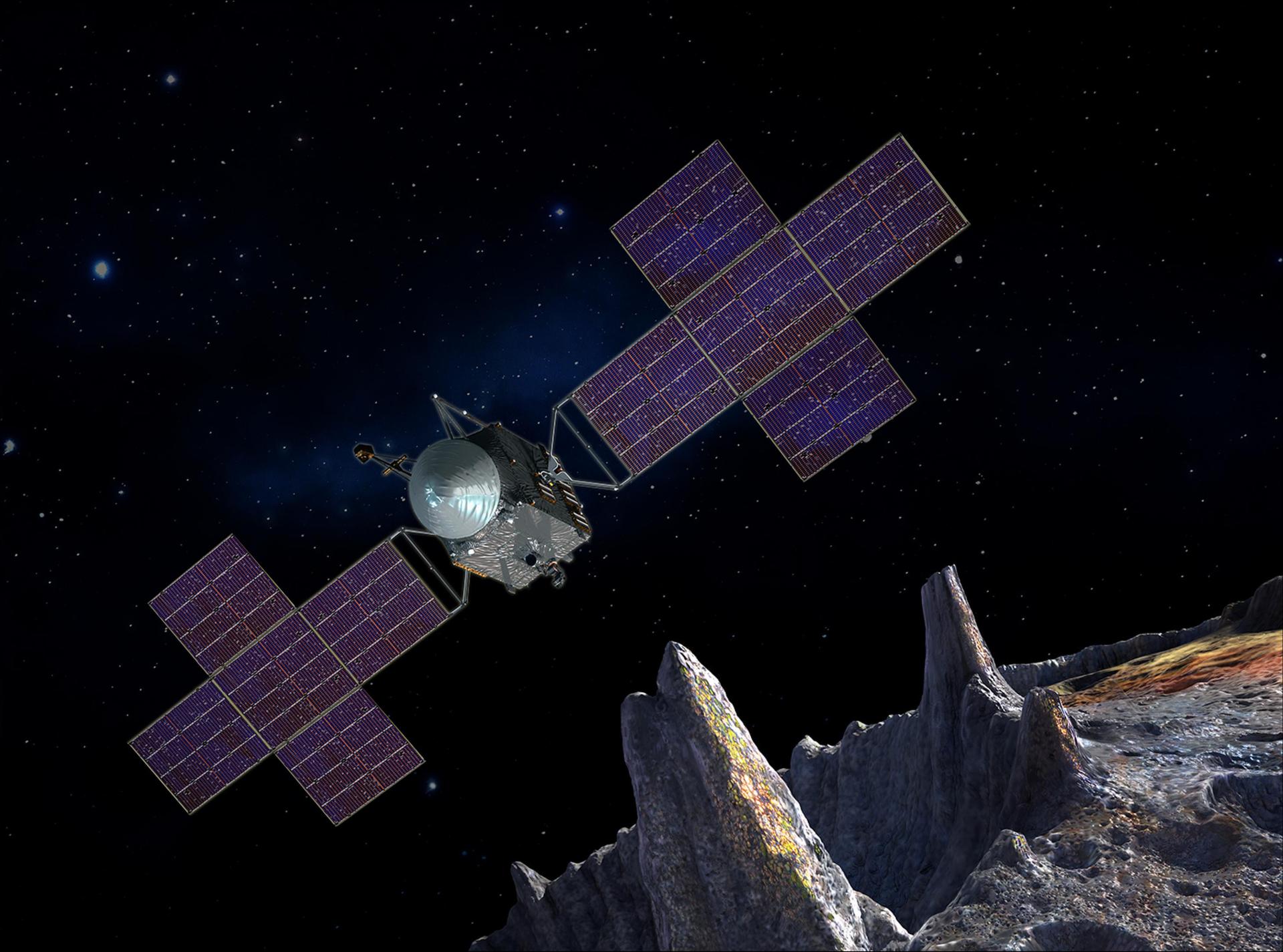 Artist rendering of Psyche spacecraft orbiting asteroid