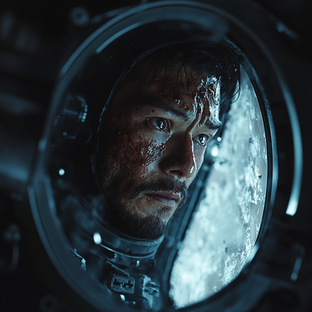 Fictional taikonaut, his face damaged by a virus, looking out from the moon base