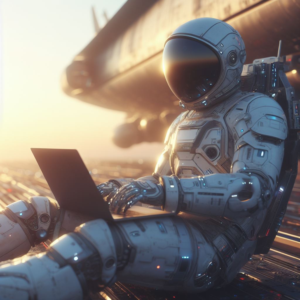 Astronaut sitting on a spaceship typing on a laptop
